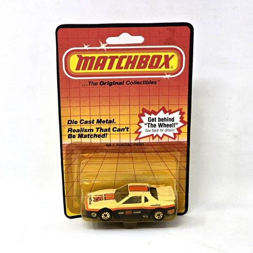 Matchbox MB 2 Pontiac Fiero White Blue 85 Die Cast Car 1983 Vintage Goodyear Toy