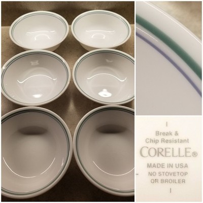 6 Corelle by Corning Country Cottage ? 6'' Soup Cereal Bowls Green & Blue Stripe