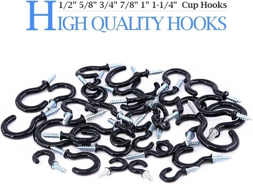 100-Pieces 6 Sizes Black Vinyl Coated Cup Hooks Screw-in Ceiling Hooks Screw - Picture 3 of 7