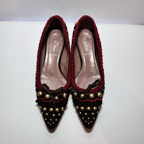Miu Miu Prada Brown Suede Unique Designer Shoes Low Heel Flats Size 37 - Picture 3 of 13