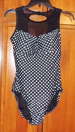 Catalina 1 Piece Swimsuit Black/White Dots Bra Neckline Hook Sheer XL (16-18)