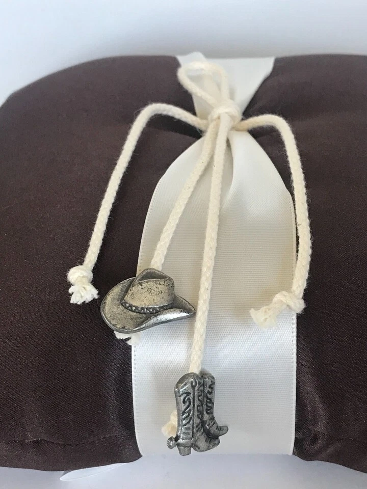 Western Wedding Ring Pillow, Brown, Silver Tone Cowboy Charms - Image 2 of 4