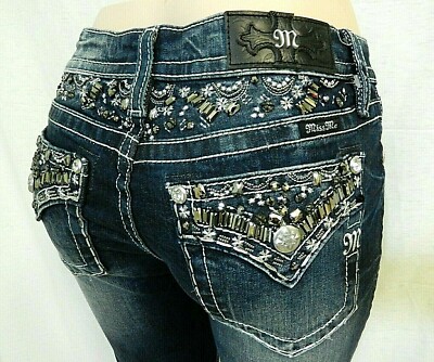 *NWT* Miss Me CUTE BLING Chloe Boot Cut Denim Dk Blue Jeans M3244B Size 26  X 34