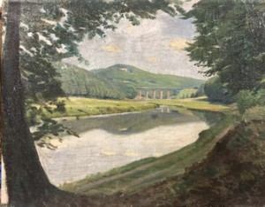 Vintage-German-Painting-Autobahn-Bridge-And-River-Post-Impressionist-1930s