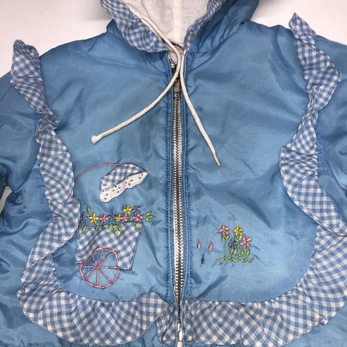 Vintage 70’s Girls Toddler Jacket 18 Mo Blue Embroidered Ruffle Hood Lined Zip - Picture 4 of 20
