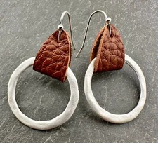 Matte Hammered Silver & Brown Vegan Leather Earrings