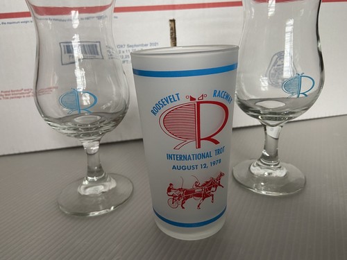 ROOSEVELT RACEWAY 1978 INTERNATIONAL TROT SOUVENIR TUMBLER & WINE GLASS LOT - Picture 4 of 11