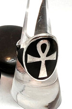 Vintage Egyptian Ankh 925 Sterling silver signet ring S. 6 3/4 black  inlay
