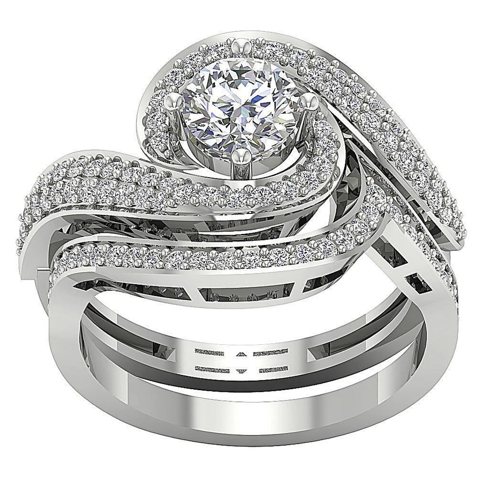 Juego de anillos de compromiso nupcial de oro amarillo de 10 quilates con halo de diamantes cultivados en laboratorio VS F 1,45 quilates Foto 4 de 4