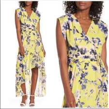 ELIZA J Yellow Floral Print Maxi Dress Chiffon Sleeveless High Lo Hem Size 2 New