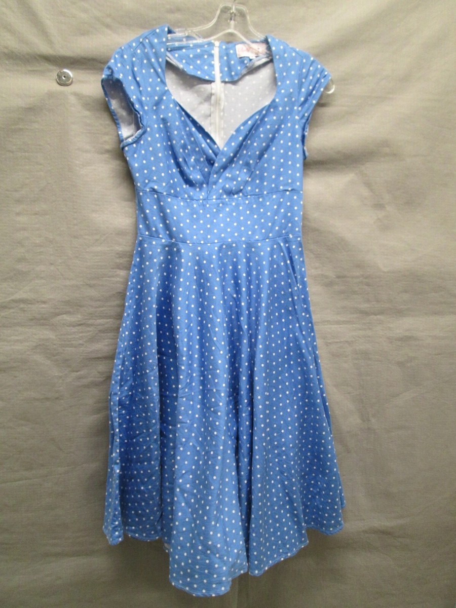 Belle Poque Dress Small Blue Fit & Flare Polka Dots 1950 Style Flowy Casual  | eBay