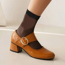 Womens Mary Janes Block Chunky Heels Faux Leather Pumps Buckle Strap Shoes