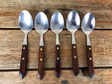 Lot of 5 Washington Forge TOWN & COUNTRY Wood Handle Soup Spoons Stainless USA