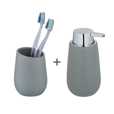 WENKO Waschtisch-Set Mod. Badi Grau, 2-tlg., 1 Zahnputzbecher, 1 Seifenspender