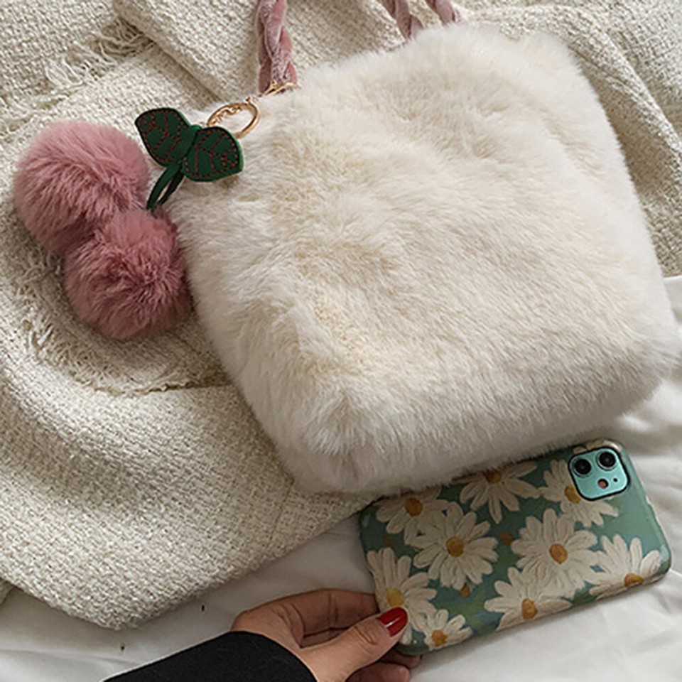 Plush Cherry Bucket Bag Casual Crossbody Bag Portable Chain Soft Cute