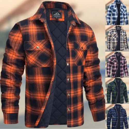 Man Jackets Heavy Fleece Lined Hoodie Plaid Flannel Lapel Sweat Shirts Coat Men - Picture 1 of 20