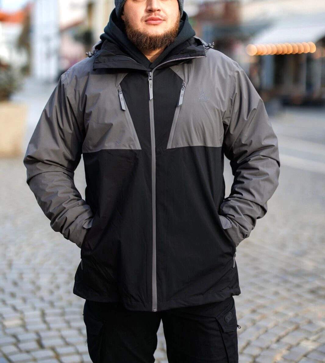 Men new 3 in 1 waterproof jacket fleece black gray outdoor windproof size 2XL