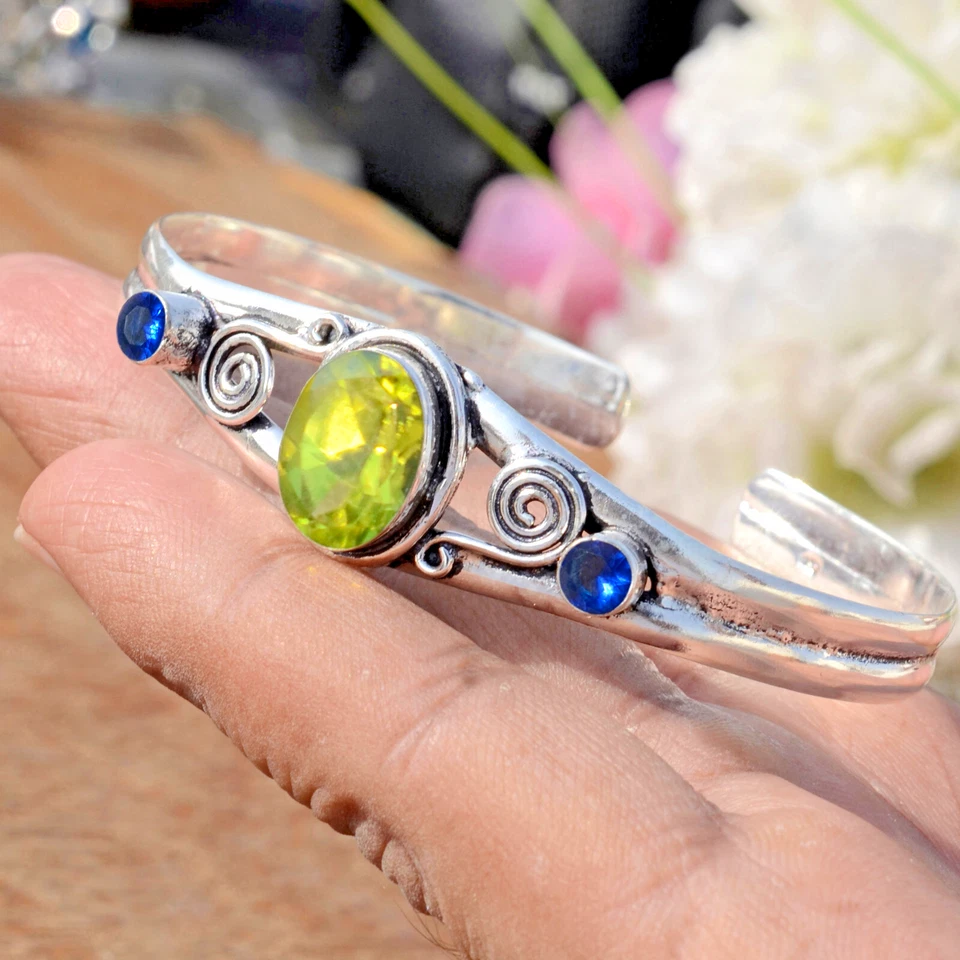 Faceted Peridot & Tanzanite Gemstone 925 Sterling Silver Festival Day Bangle - Image 2 of 4