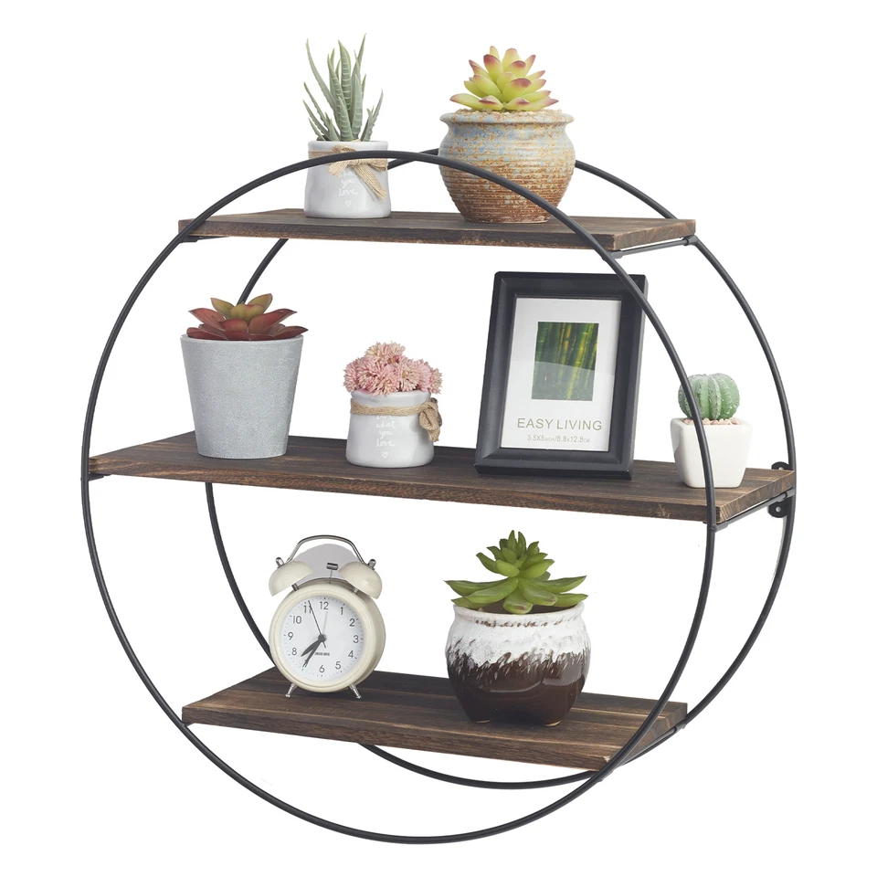 Large 20" Vintage Wood Wall Rack Round Storage Shelf Industrial Style Metal Wire - Image 2 of 4