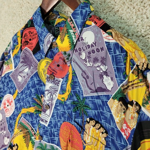 Reyn Spooner Hawaiian Shirt Mens Size Large Rayon Vacation Destination Postcards