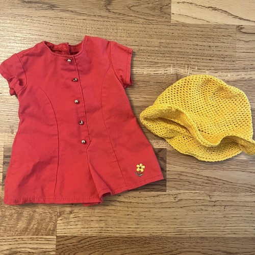 American Girl of Today Pleasant Co 1996 RED CULOTTE DRESS Romper Yellow Hat - Picture 1 of 5