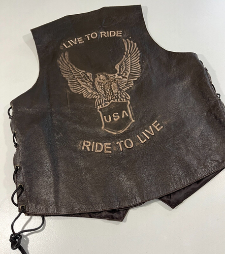 Men's Xelement Motorcycle Biker Leather Vest Embossed USA Eagle Side Laces Sz L - Picture 6 of 13