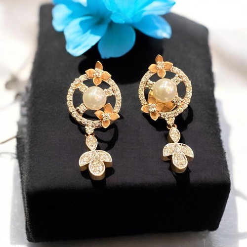 3.95 TCW Round Brilliant Cut Natural Diamonds Pearl Dangle Earrings in 14K Gold - Picture 2 of 12