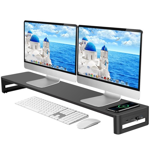 Dual Monitor Stand with Wireless Charging and 4 USB 3.0 Ports, Steel Monitor ...