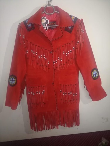 Women Red Suede Leather Western Style Jacket Fringed & Bead Work - Picture 2 of 6