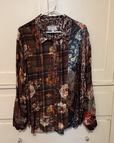 Camicia di seta Johnny Was Workshop XL ottava stampa floreale mix patchwork - Foto 2 di 5