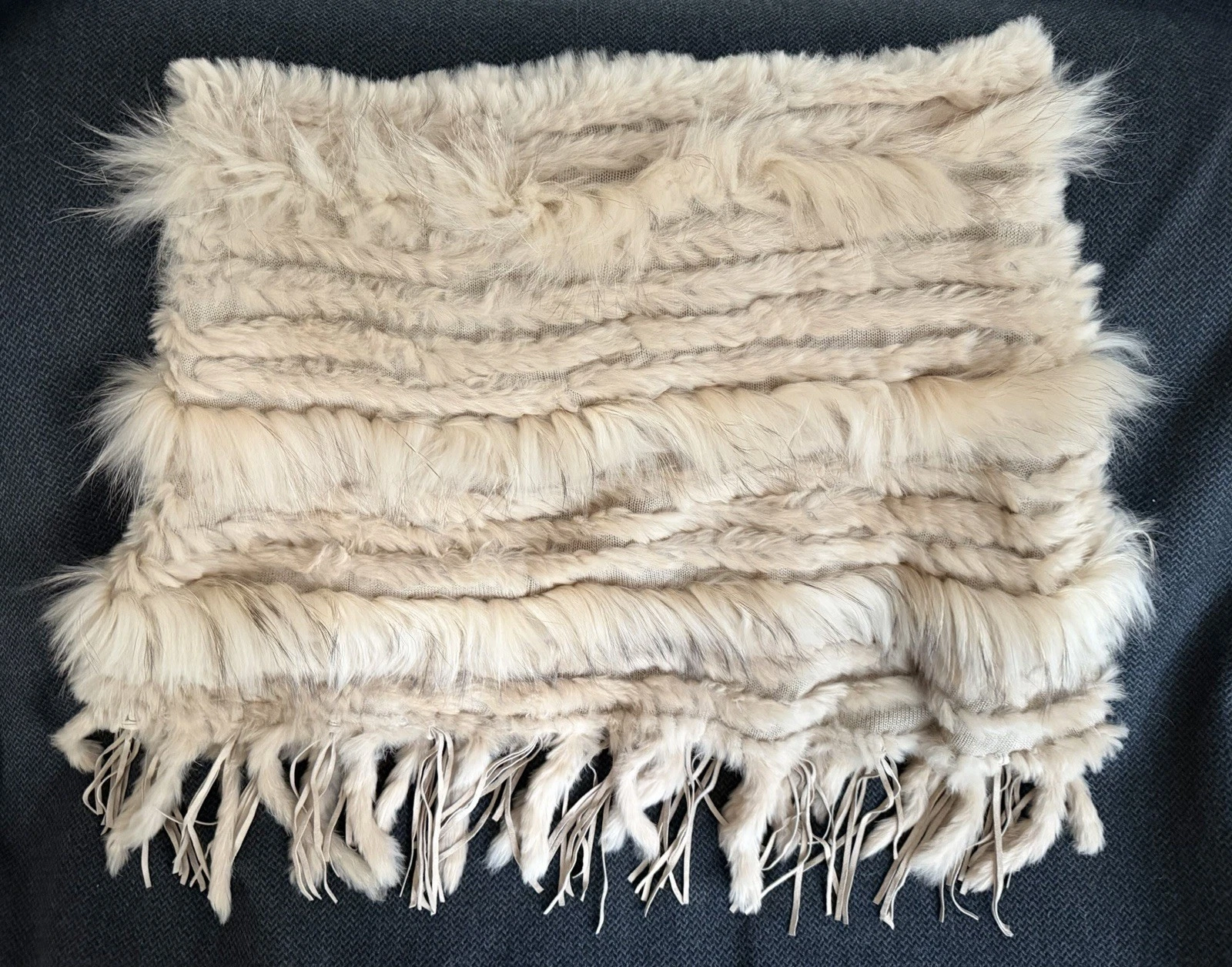 Dolce Cabo Women's Stretchy Poncho Hippie Sweater Rabbit Fur + Leather Fringe S