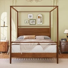 Queen Size Canopy Bed Frame with Headboard, Solid Wood 4 Posters Bed F