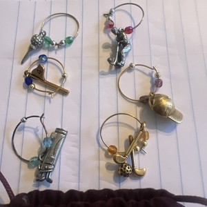 New Wine Glass Charms: Set of 6 Golf Theme Drink Markers, Vintage Silver Tone
