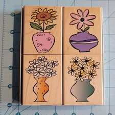 Hero Arts Wood Rubber Stamp Set Of 4 Flowers And Vaces Sunflower Daisies