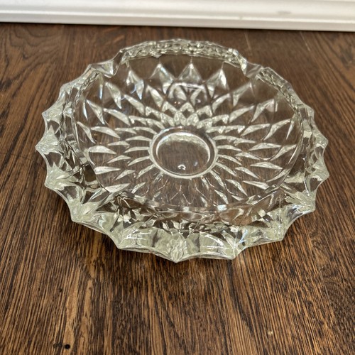 Vintage Clear Crystal Cut Glass 7" Round Heavy Cigar Ashtray Diamond Pattern