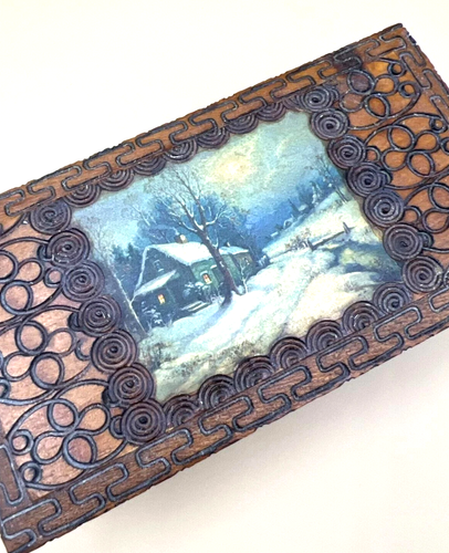 Vintage Mignon Holz Schmuckkästchen handgeschnitzt Winterszene selten dekorativ - Bild 12 von 15