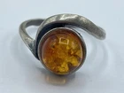 Vintage Stylish Sterling Silver & Baltic Amber Ring Size L (T614)