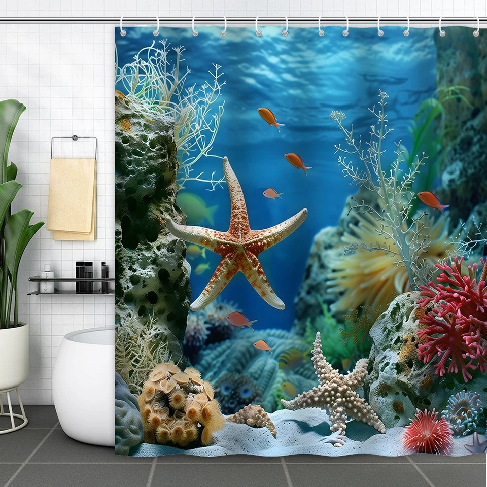 Cortina de ducha de playa de coral tropical concha marina tema océano con ganchos baño Foto 4 de 4