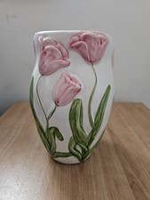 Vintage 3D Relief Tulip Vase Pink Floral Ceramic Hand Painted Cottagecore 20cm