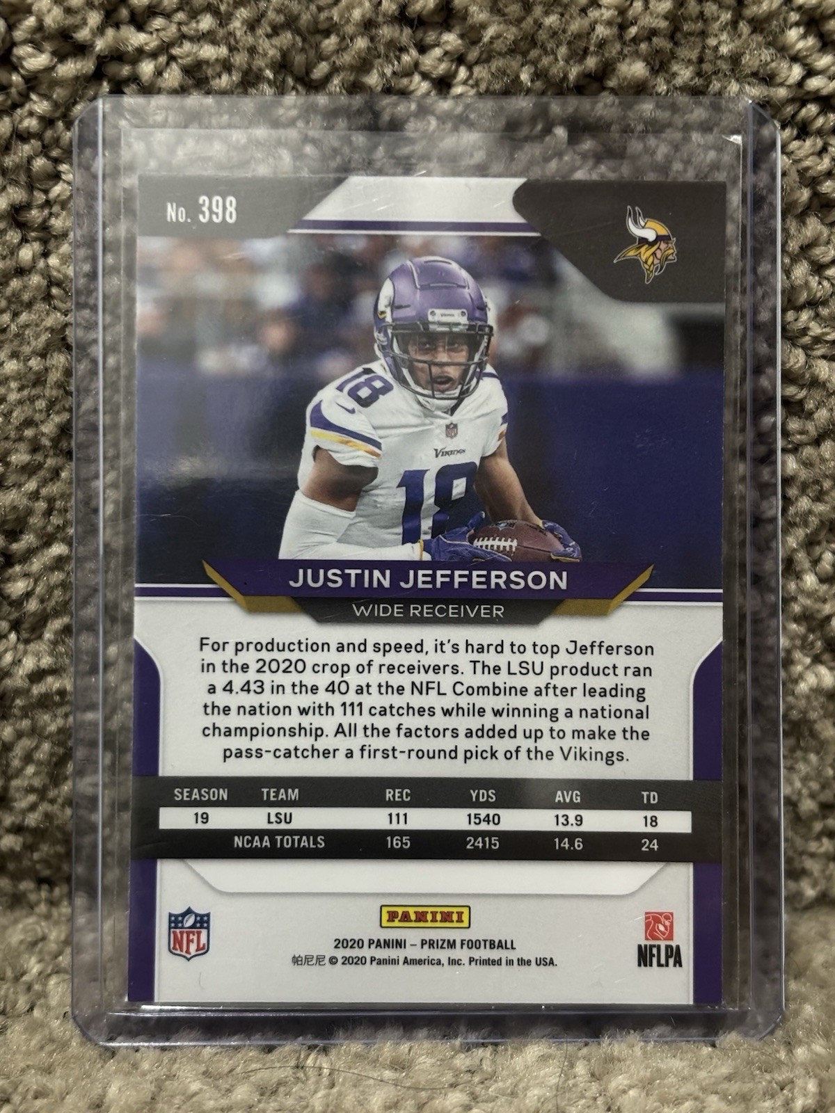 JUSTIN JEFFERSON 2020 DONRUSS RC #313 YELLOW PRESS PROOF PSA 9 + Prizm + Optic view 5