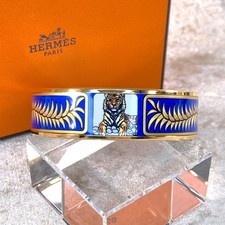 Vintage Hermes Paris Bracelet Bangle Tiger Blue Enamel Gold Rim Size 65