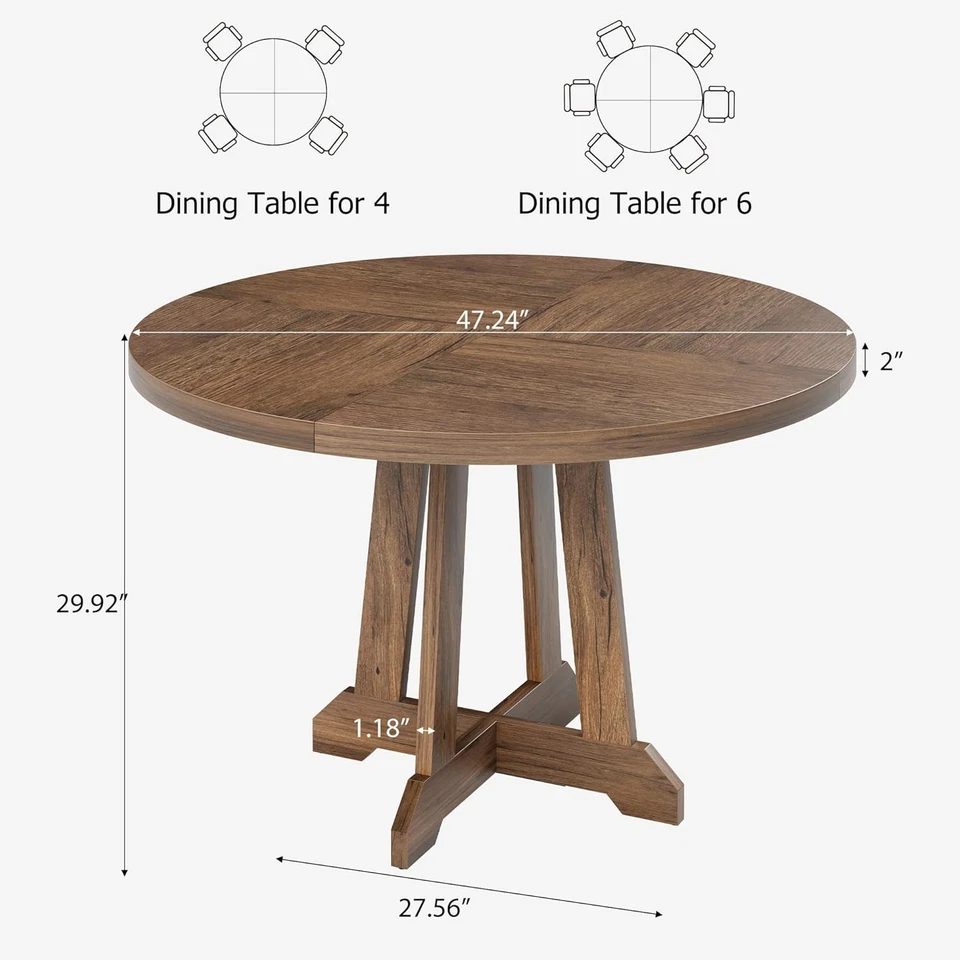 47" Round Dining Table Wooden Kitchen Table With Sturdy Legs Wood Dining Table - Image 3 of 4