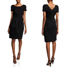 Emporio Armani Milano Black Cap Sleeve Gathered Crossover Wrap Sheath Dress 46 L