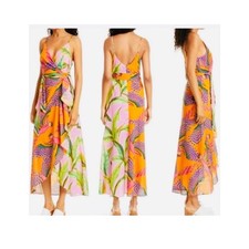 Farm Rio Macaws Pink Foliage Floral Wrap Maxi Dress mix prints Strappy Size M