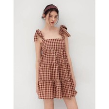 CIDER Gingham Mini Dress Bowknot Ruffle Tiered High Waist Sleeveless NWT Cottage