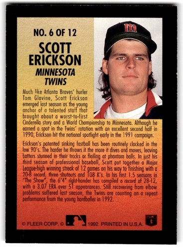 Scott Erickson 1992 Fleer Smoke 'N Heat #6 Minnesota Twins - Picture 2 of 2