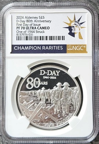 TOP POP - 2024 Alderney Silver £5 D-Day 80th Anniversary Proof NGC PF70