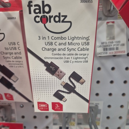 Fabcordz Lightning, Type C and Micro USB Cable 3 ft. Black - 第 1/1 張圖片