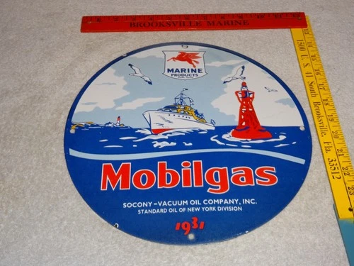 VINTAGE 1931 MOBIL MOBILGAS MARINE GASOLINE PEGASUS 11 3/4" PORCELAIN METAL SIGN