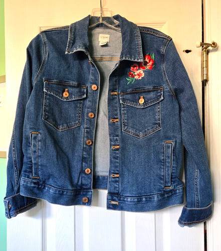 J. Crew Mercantile Embroidered Denim Jean Jacket Size S Flowers Stretch